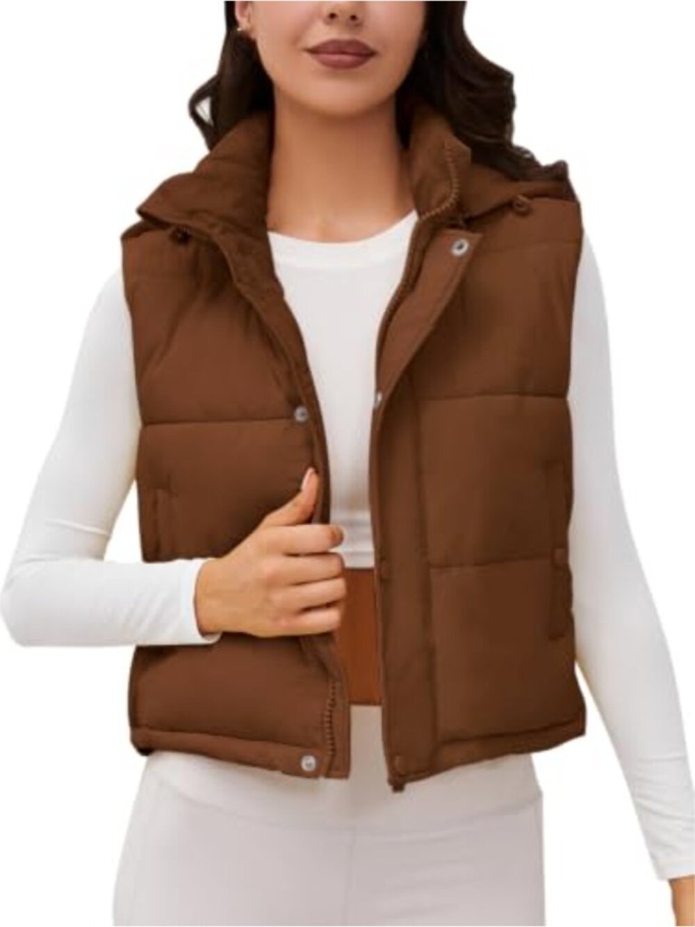 Womens Cropped Puffer Vest with Removable Hood Zip Snap Pockets